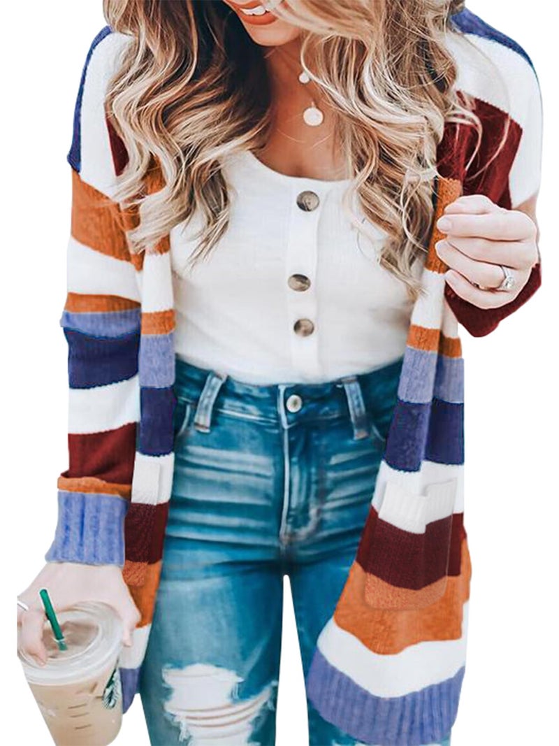 ECOWISH Women Cardigan Sweaters Long Floral Striped Winter Long Sleeve Kimono Open Front Cozy Knitted Daisy Fuzzy Outwear Pocket - Image 1